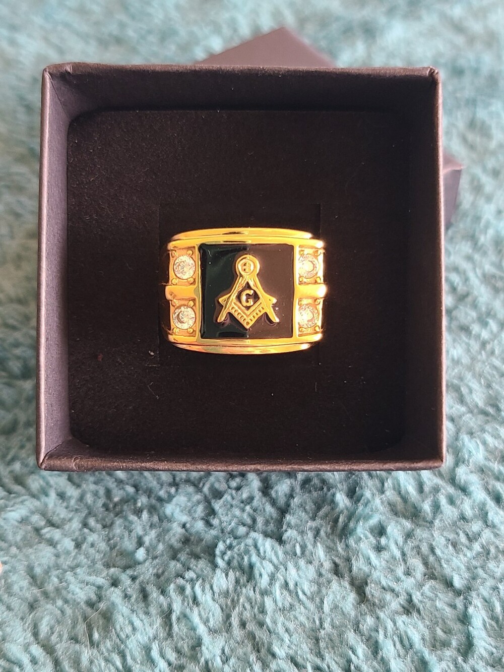 Gold and Black Masonry Signet Ring with Clear Stones